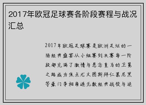 2017年欧冠足球赛各阶段赛程与战况汇总